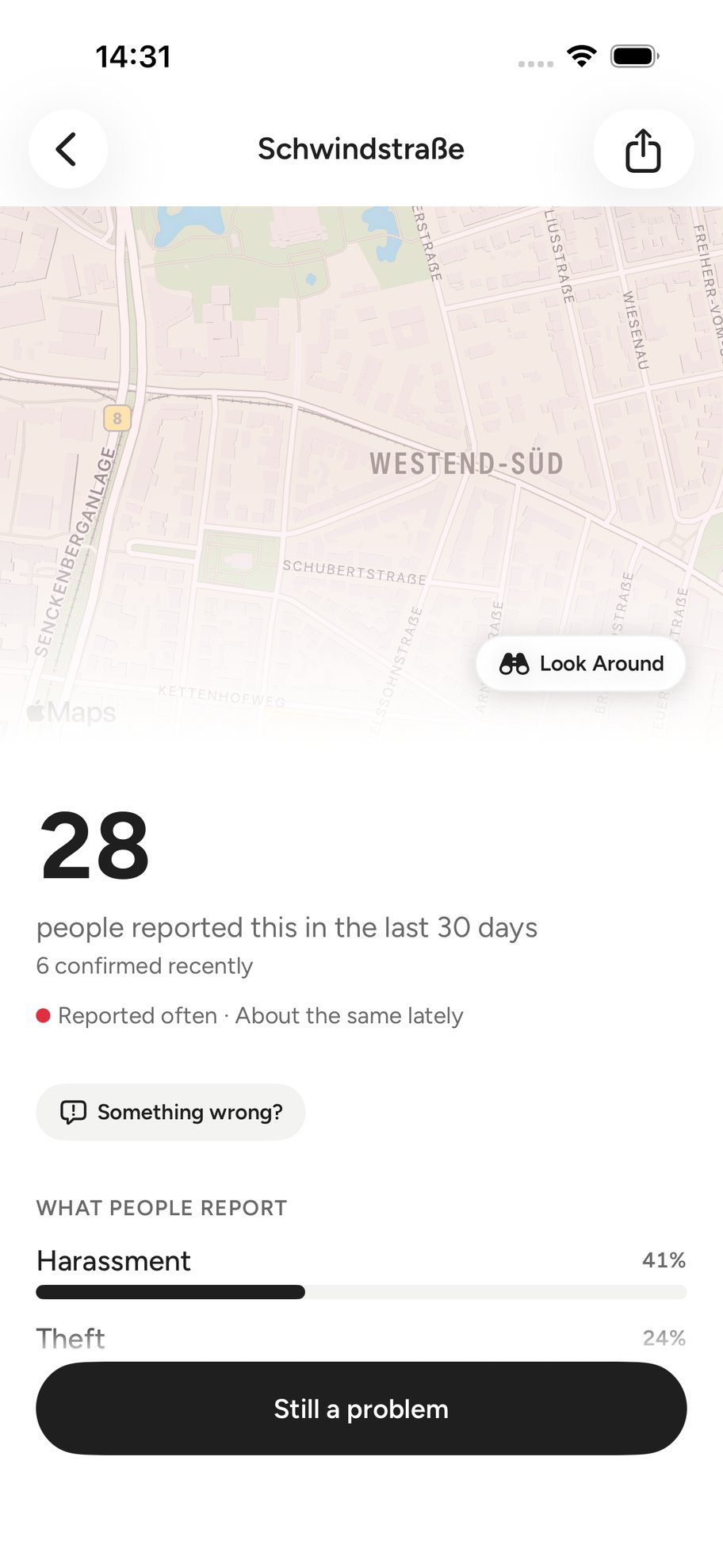 An area with four reports and a breakdown of what people reported.