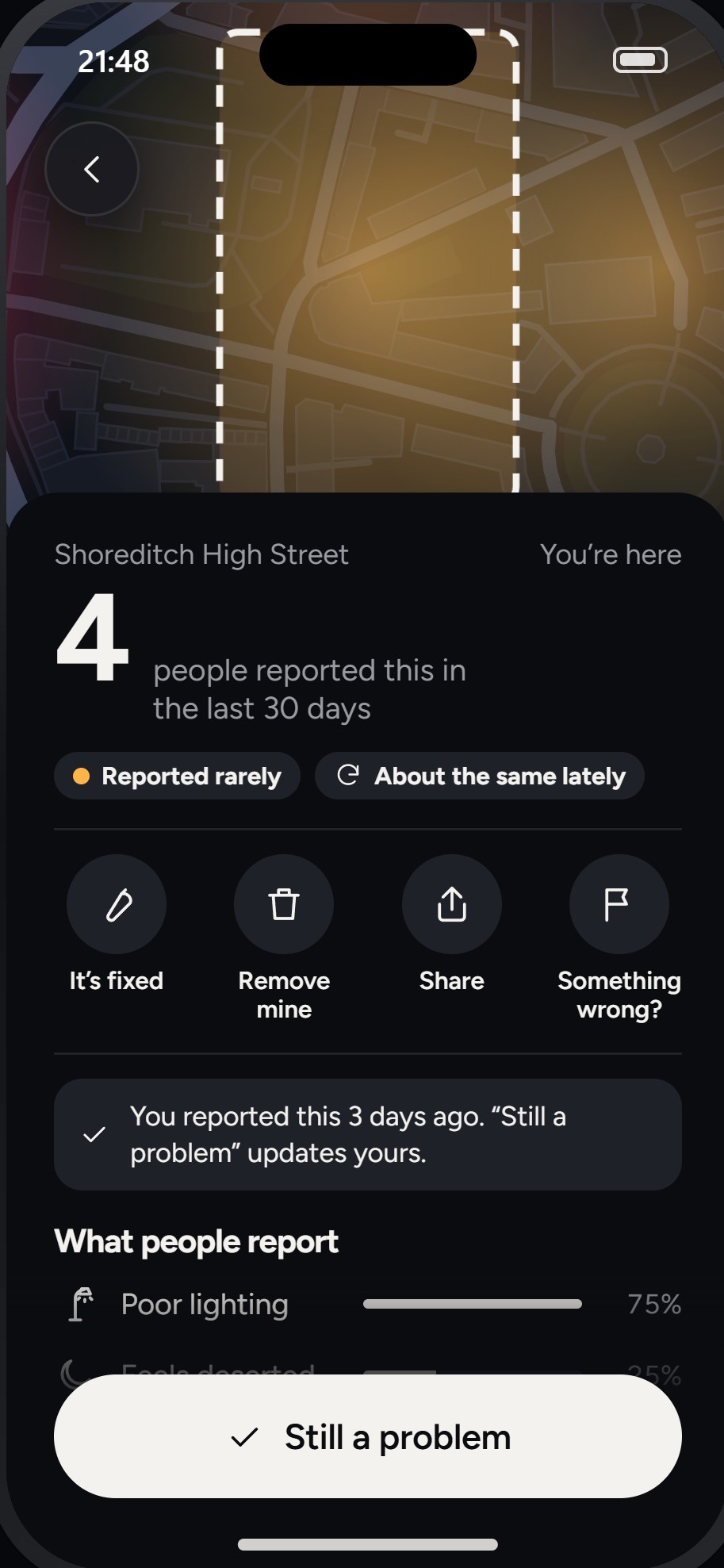 An area with four reports and a breakdown of what people reported.