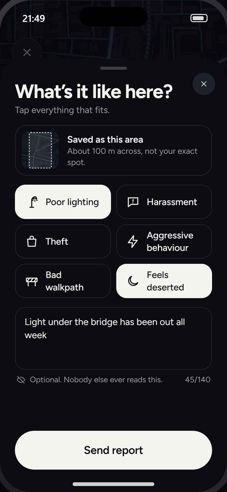 Reporting a spot: six tags and an optional note.