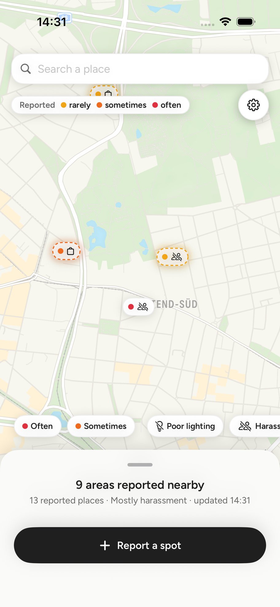 The Blip map: soft glows over reported areas, each with a pill naming what people reported there.